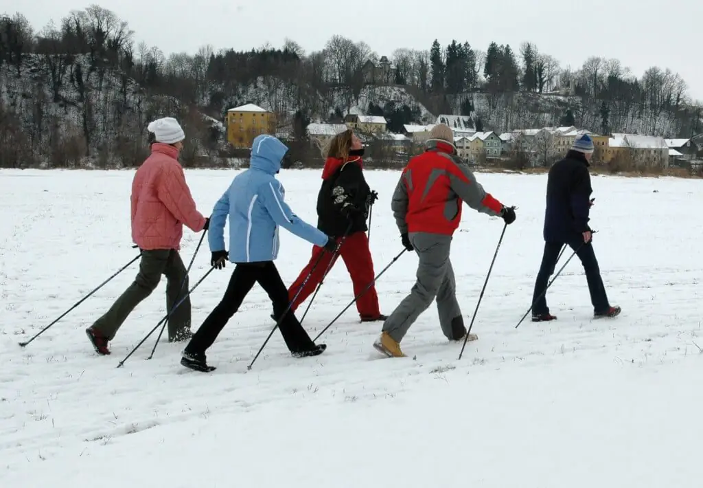 Gruppe beim Nordic Walking im Winter
